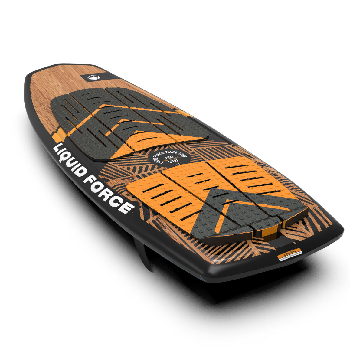 Top and bottom view of Liquid Force wakesurfboard in brown and black geometric designs, shown vertically side by side.