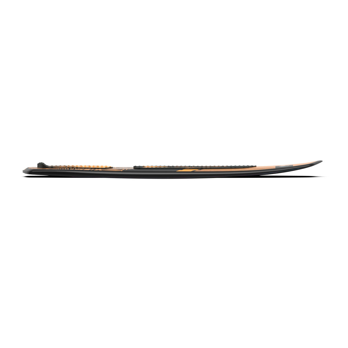 Wake surfer with dark and orange graphic design, side view.