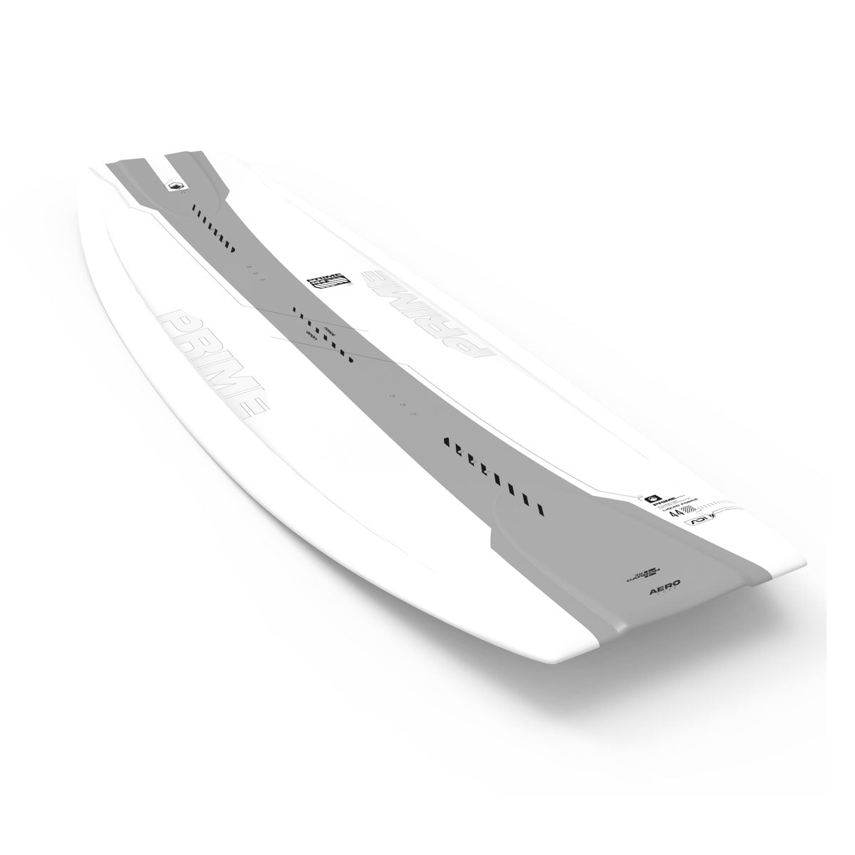 Top and bottom view of Liquid Force Prime AERO wakeboards in white with black text and geometric designs.