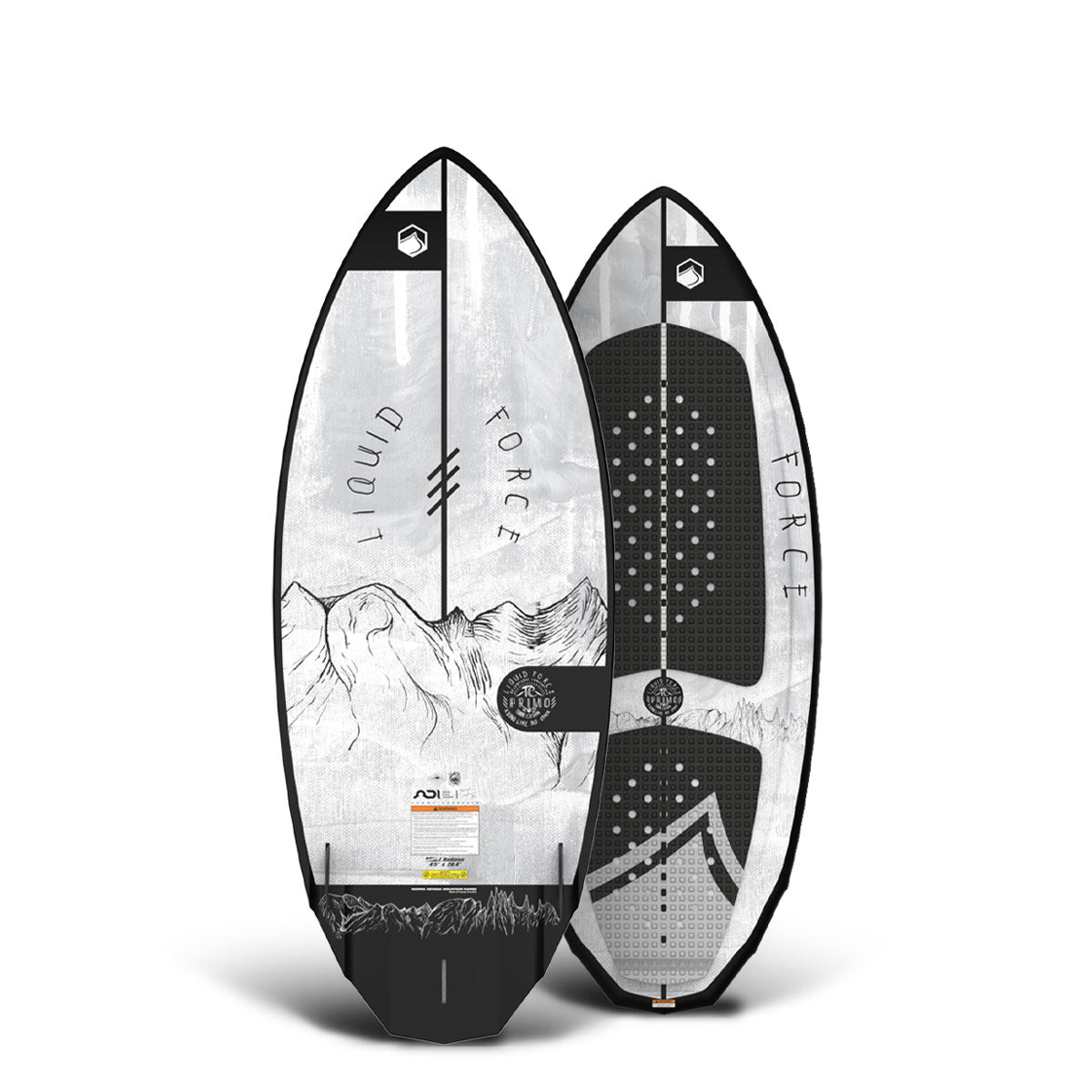 Top and bottom view of wakesurf board with mountain graphics and Liquid Force design.