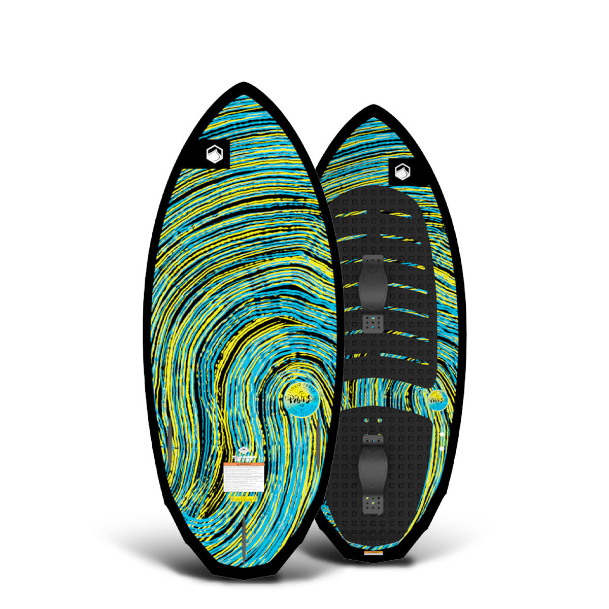 Top and bottom view of Liquid Force wakesurf board with abstract swirls and black traction pads.