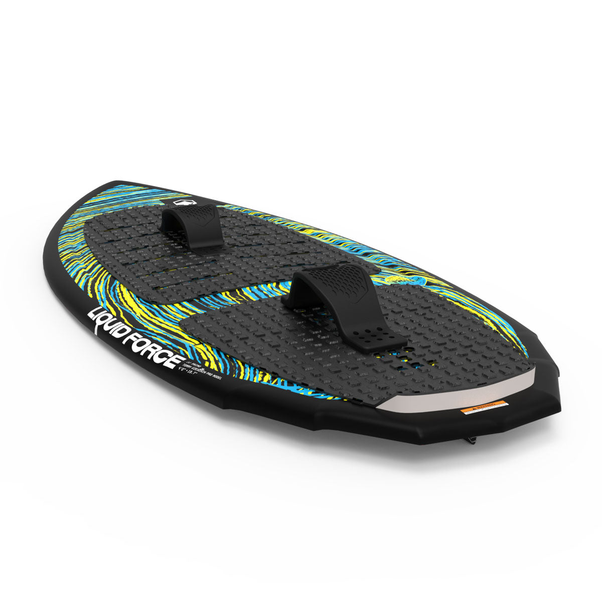 A Liquid Force wakesurfer in black &amp; multicolor with foot straps.