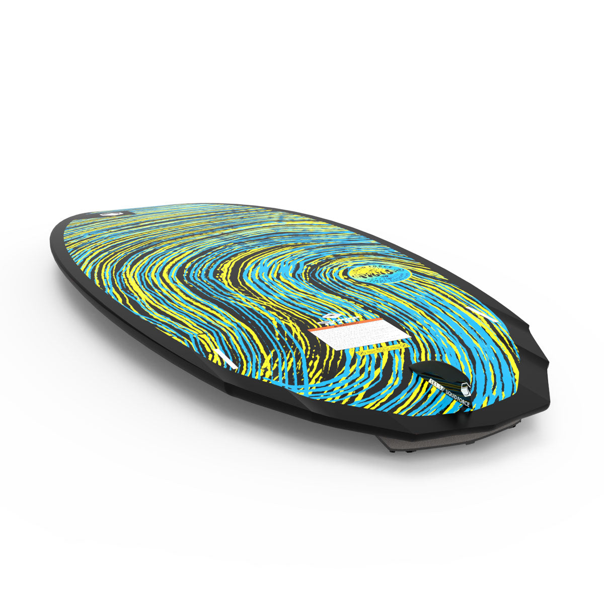 Liquid Force wakesurfer with vibrant abstract yellow and blue swirls on the deck.