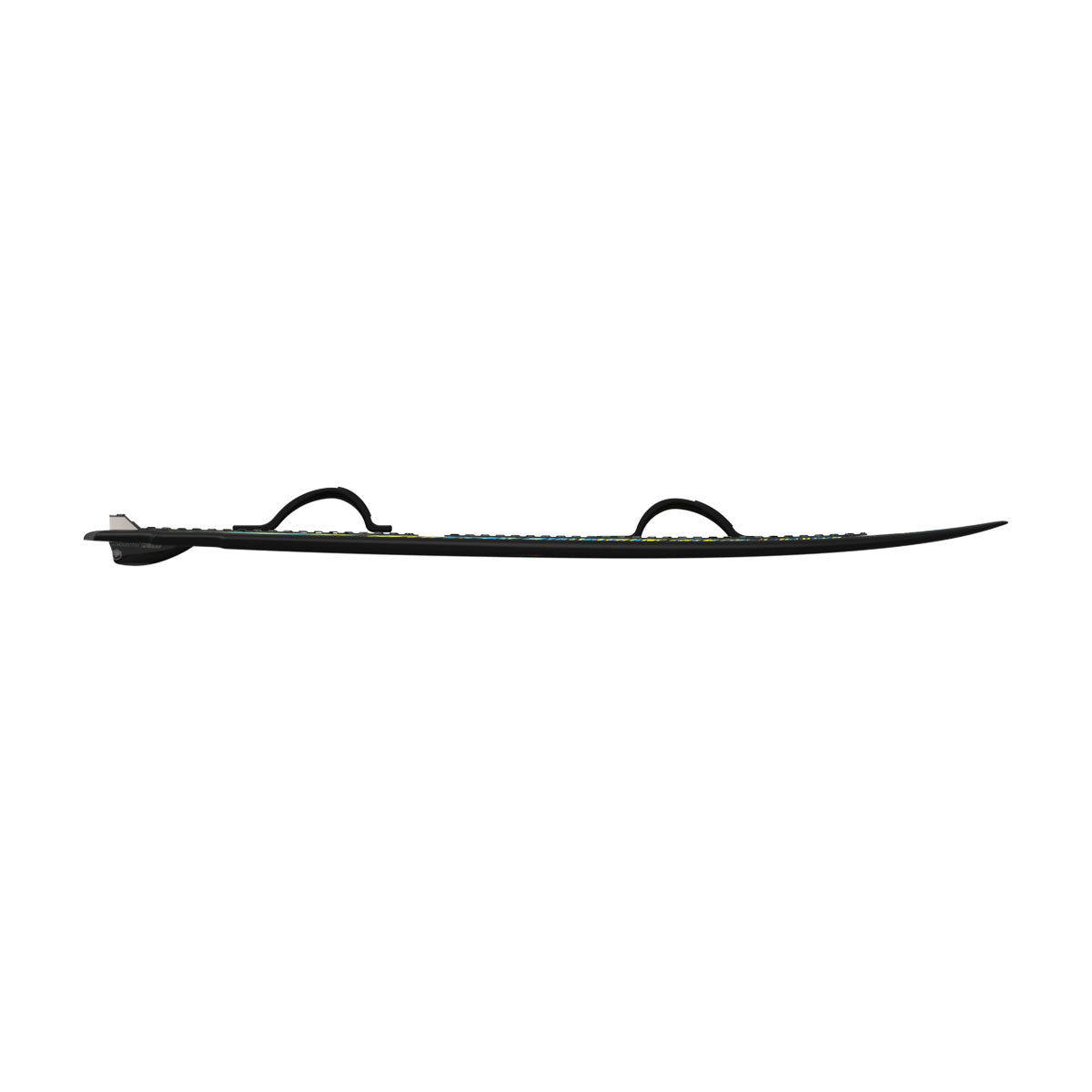 Liquid Force black wakesurf board with foot straps and fins, side view.
