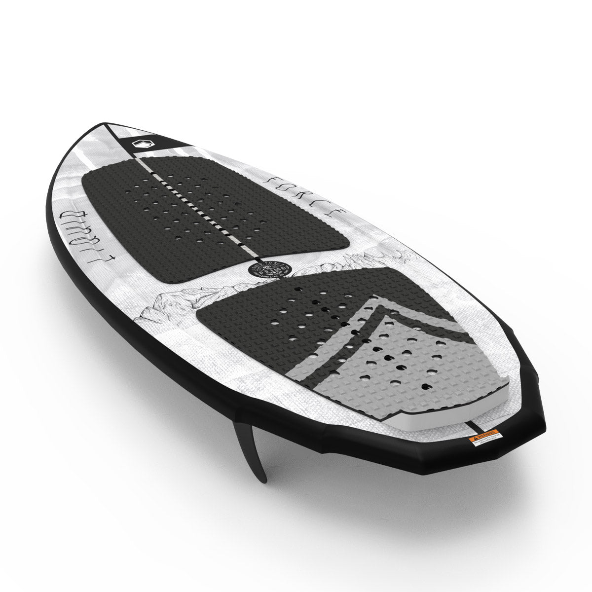 Top and bottom view of wakesurf board with mountain graphics and Liquid Force design.