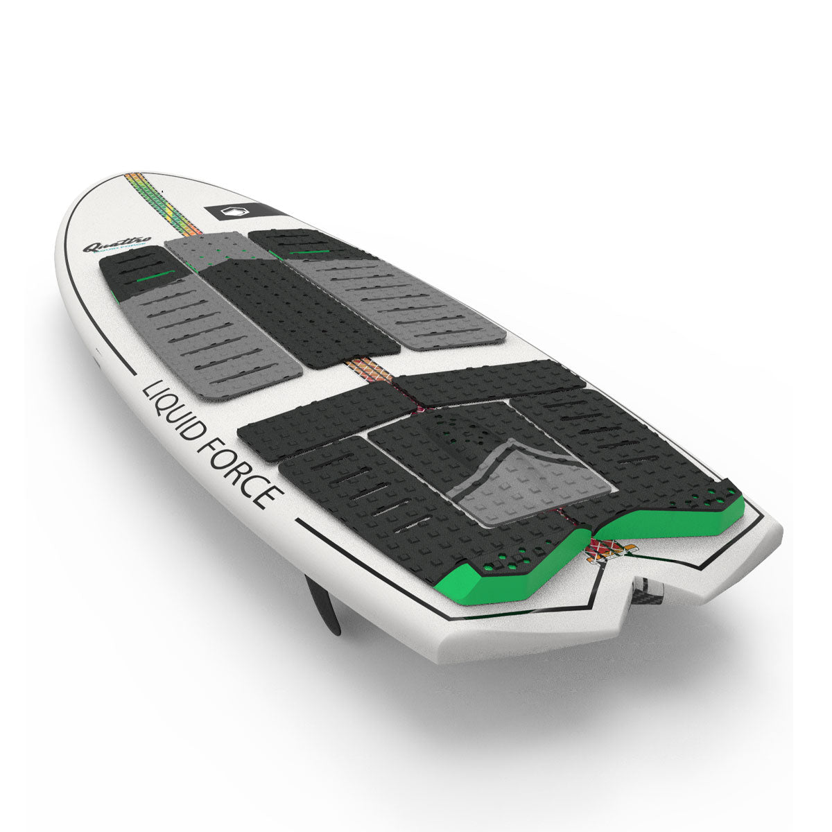 Top and bottom view of wakesurfer with vibrant designs and grey/black traction pads.