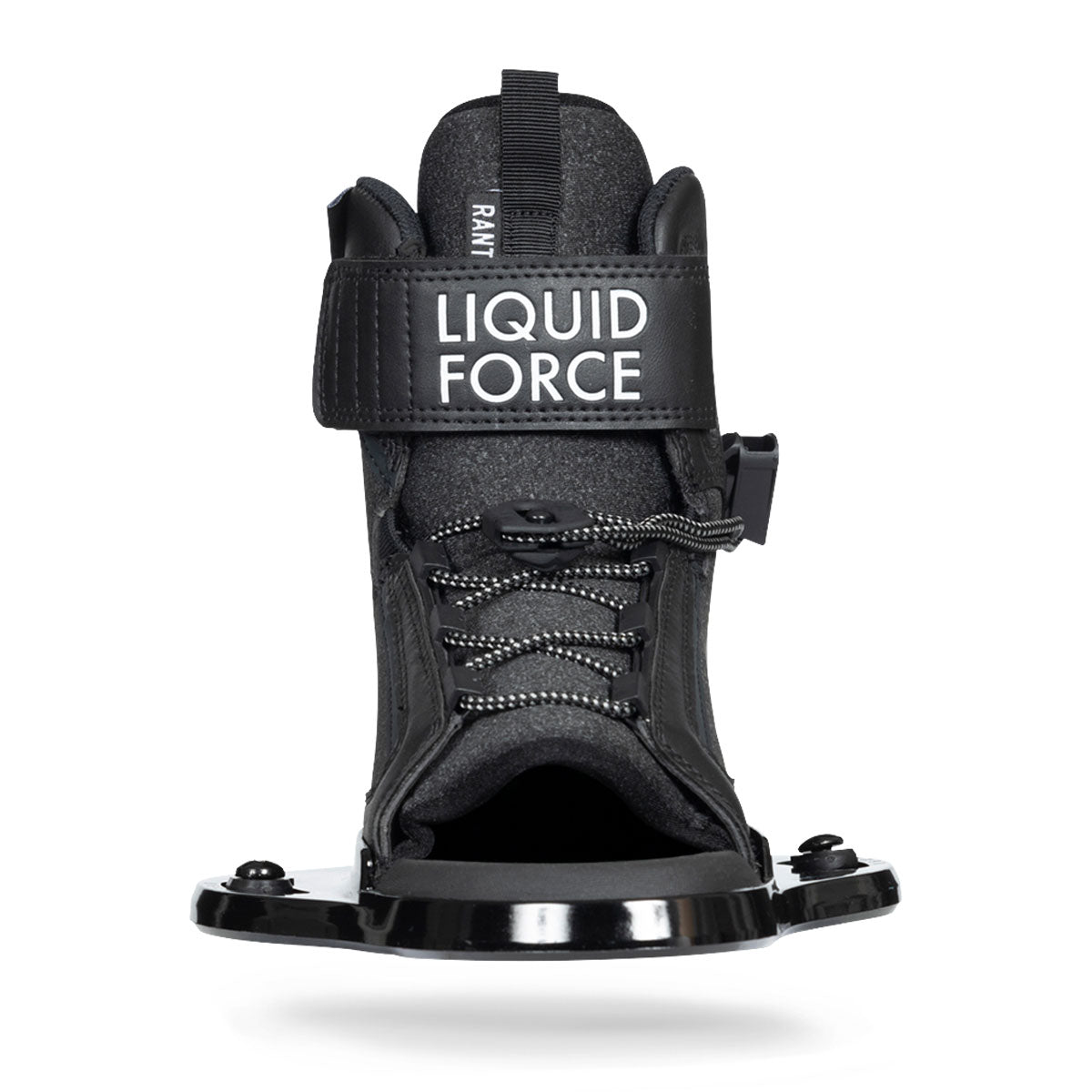 Front view of black wake bindings with laces and adjustable straps.