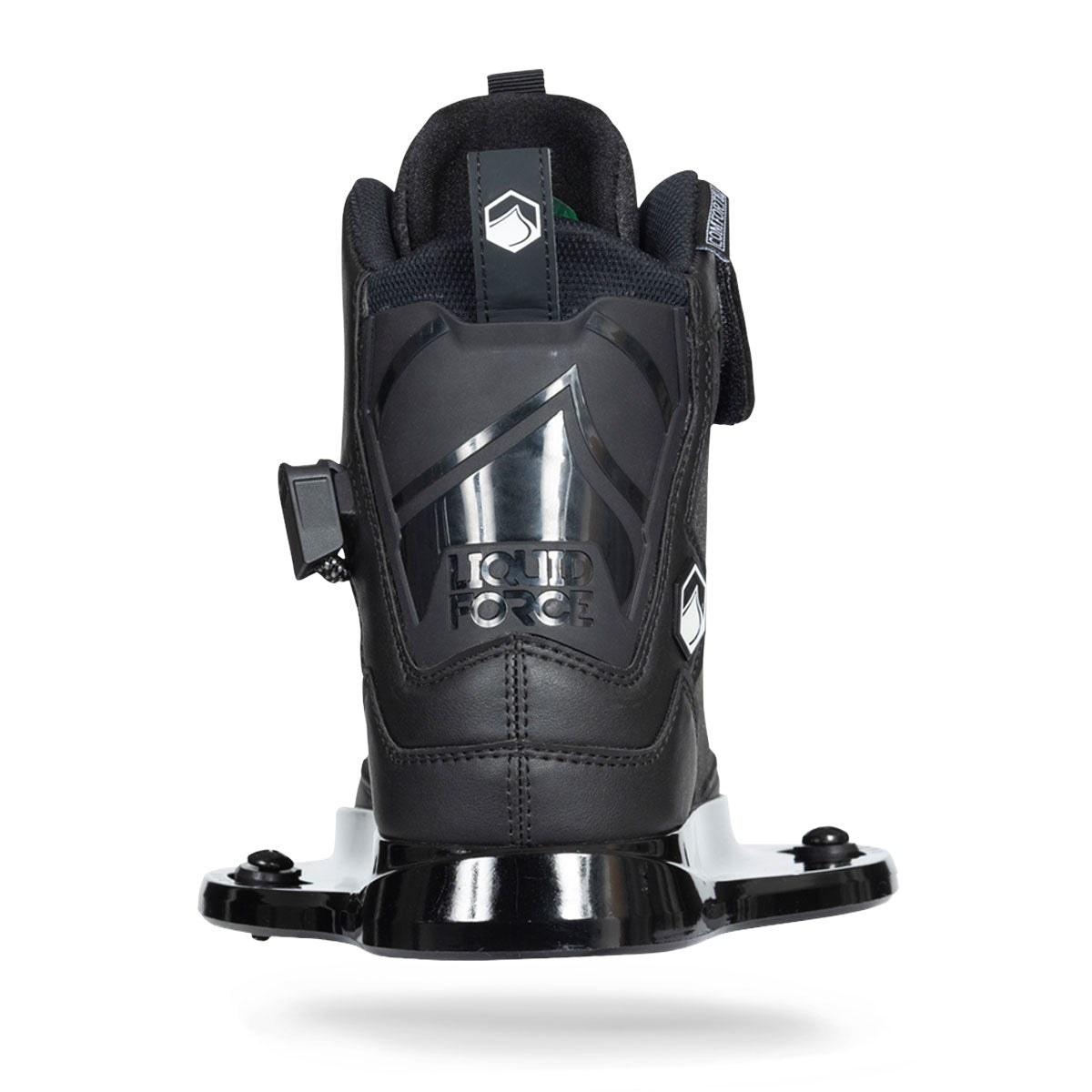 Rear view of wakeboard boots in black, showcasing the support structure of the bindings and rear of baseplate.