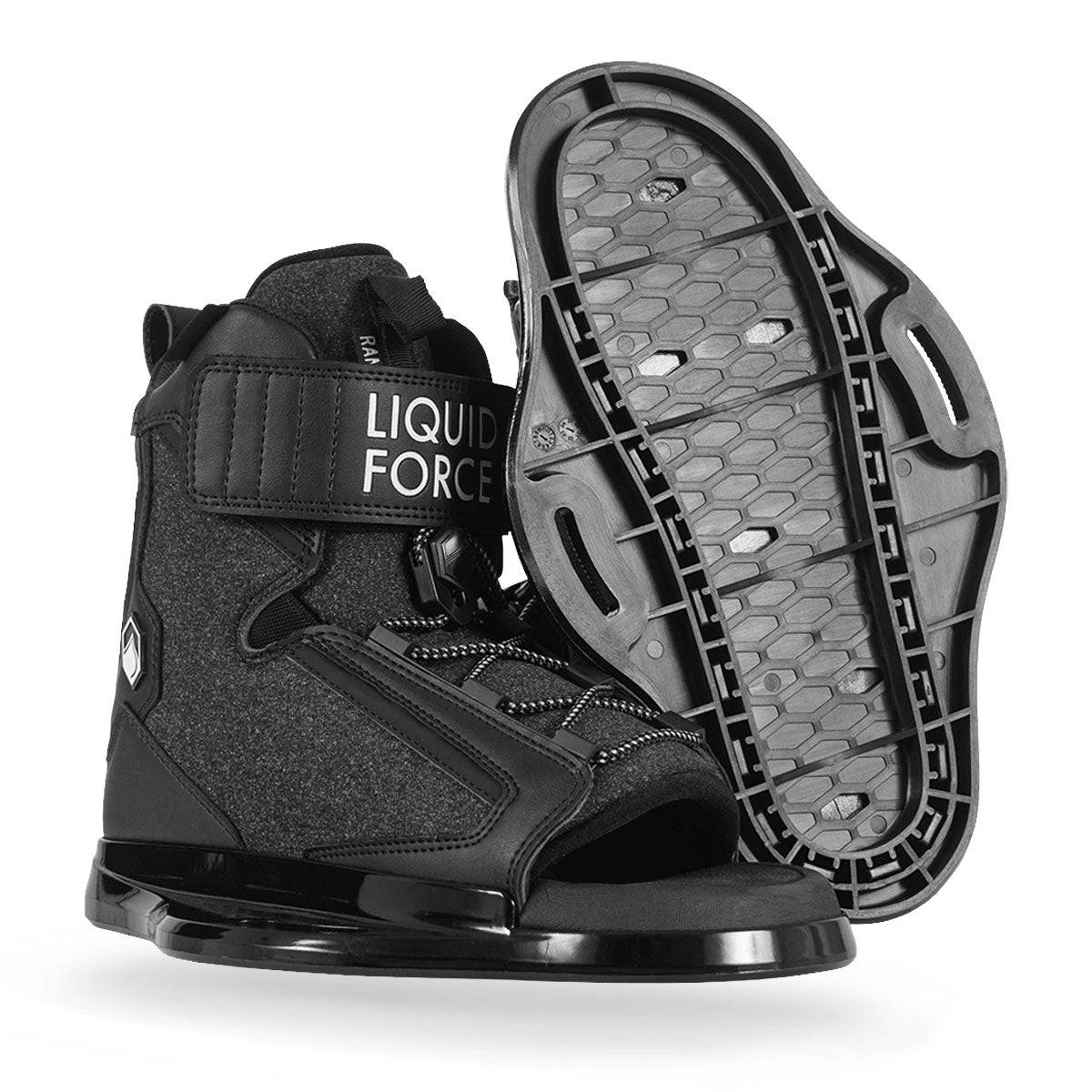 Black open-toe wakeboard bindings designed with top velcro strap and front lace closure sections.