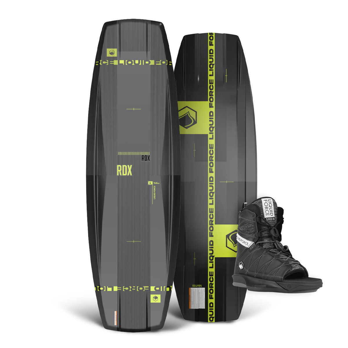 RDX wakeboard in black & green with attached black boots on a white background.