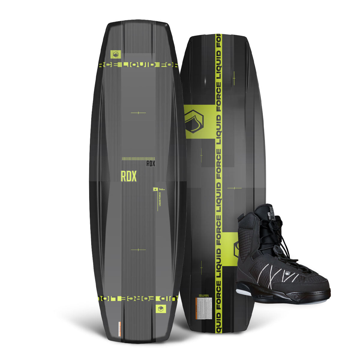 Top and Bottom View of Black, Grey, and Green RDX Wakeboard, paired with a pair of Black and White Wakeboard Bindings.