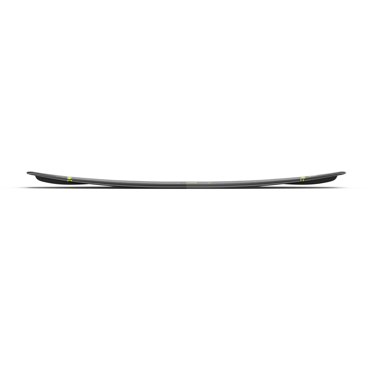 Side view of wakeboard highlights its concave and curved shape against a white background.