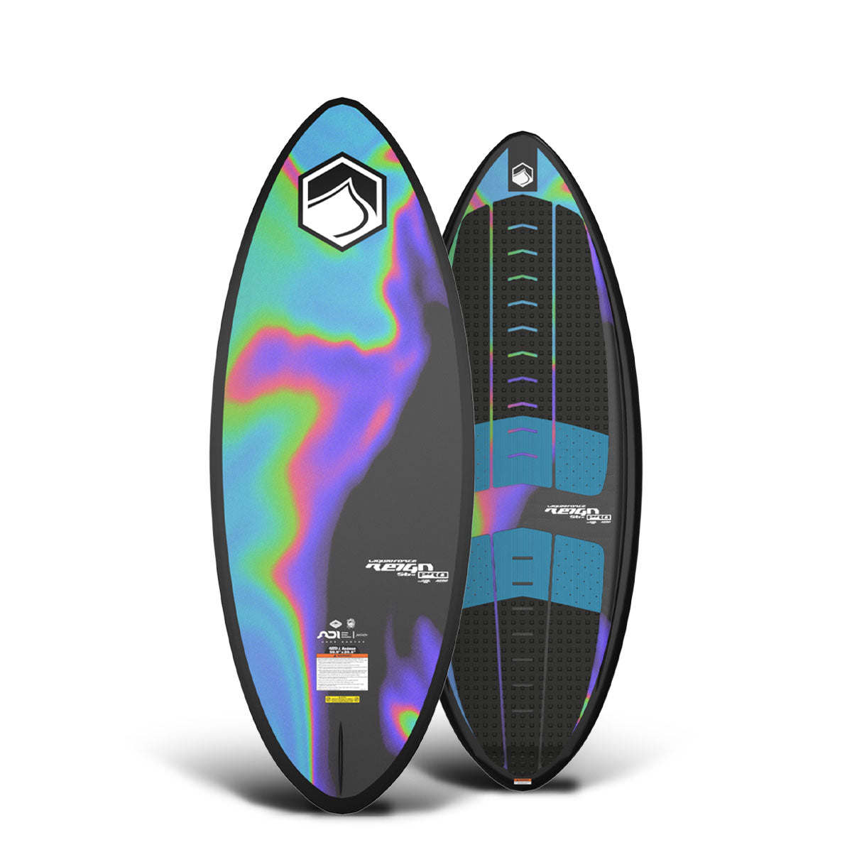 Top and bottom view of Reign wakesurf boards with vivid abstract designs displayed side by side.