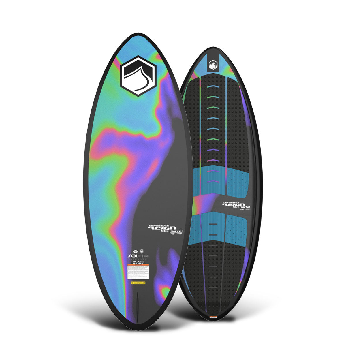 Top and bottom view of Reign wakesurf board with vibrant holographic patterns and black traction pads.