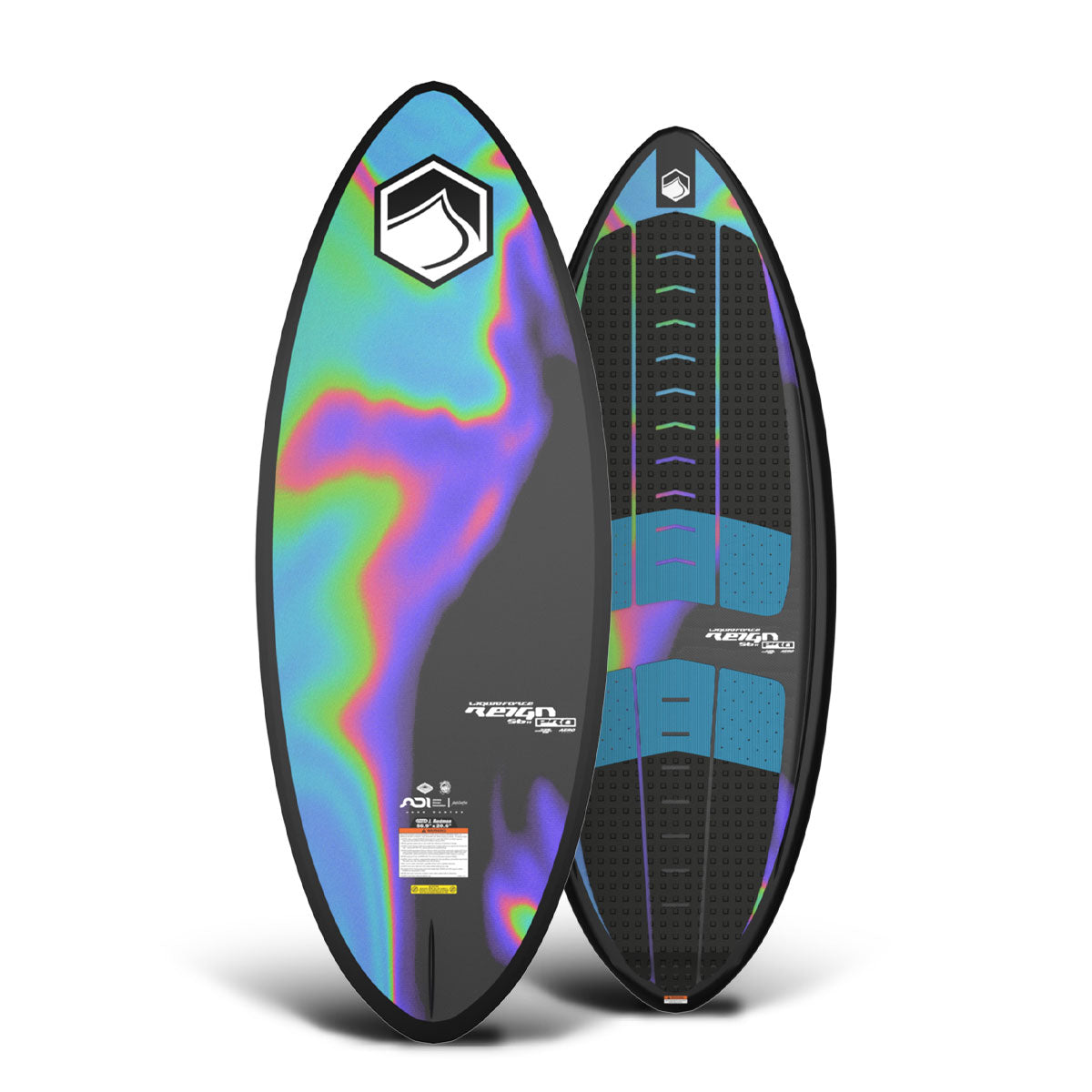 Top and bottom view of Reign wakesurf boards with colorful, iridescent designs and a logo on each.