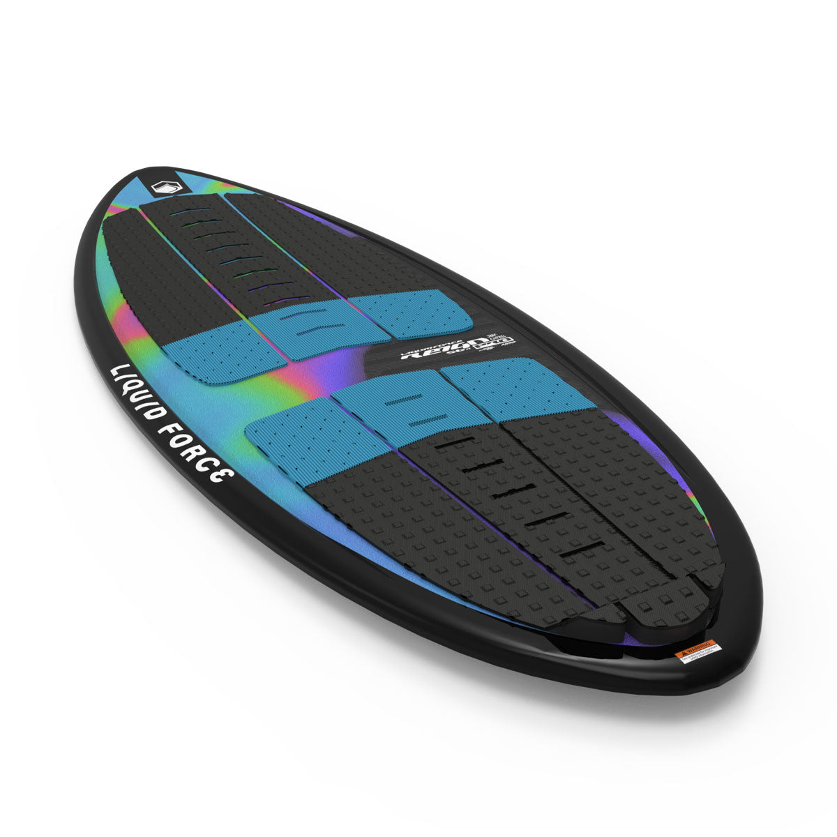 Top and bottom view of Reign wakesurf boards with vivid abstract designs displayed side by side.