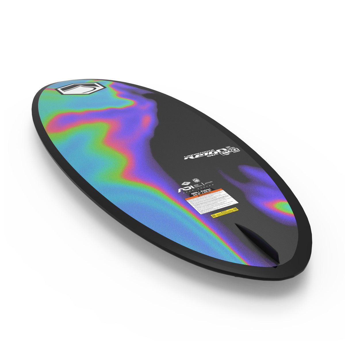 Iridescent Reign skimboard with branding on white, perfect for wakesurfing.