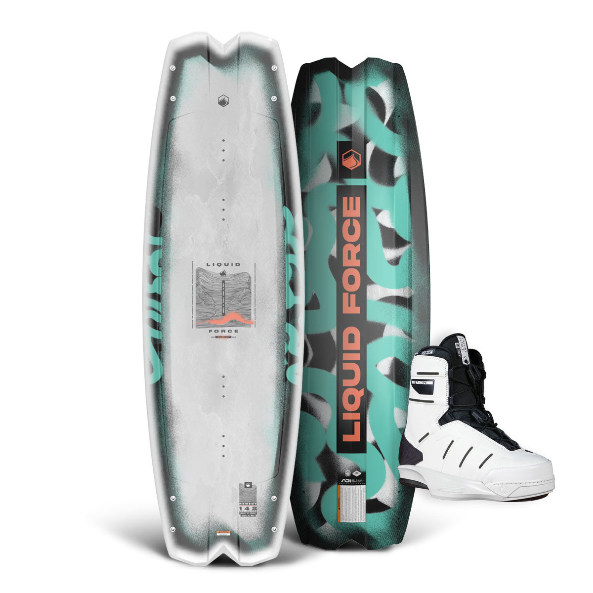Top and bottom view of a grey and teal wakeboard with an orange Liquid Force logo. Accompanied by white boots with black accents.