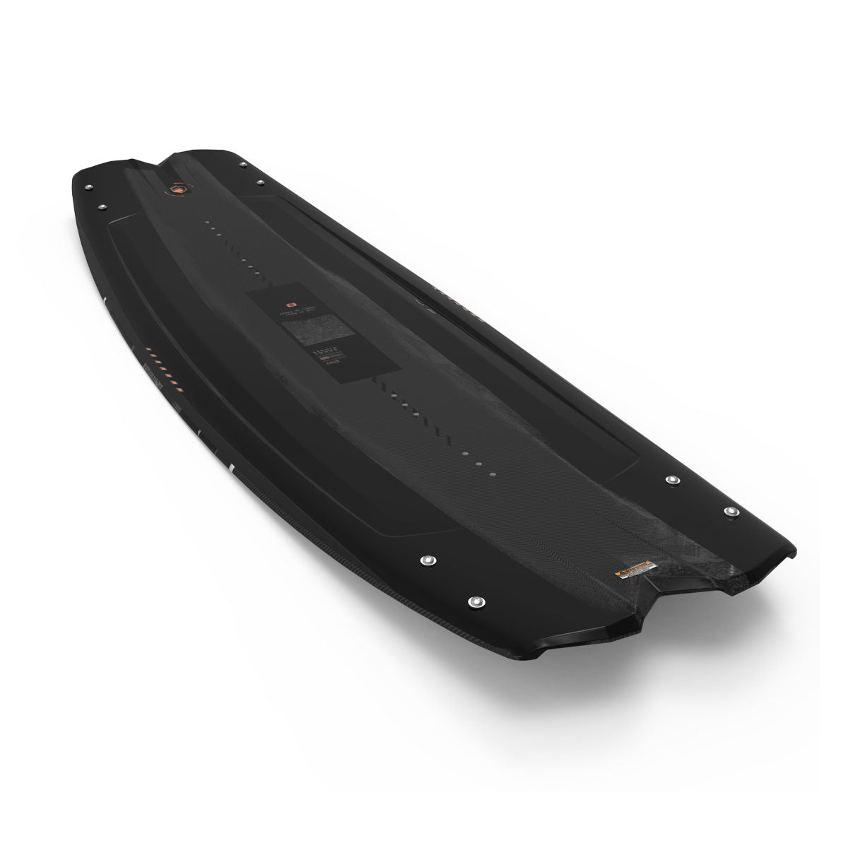 Top and bottom view of Remedy AERO wakeboard by Liquid Force stand upright, revealing top and bottom views with bold orange branding.