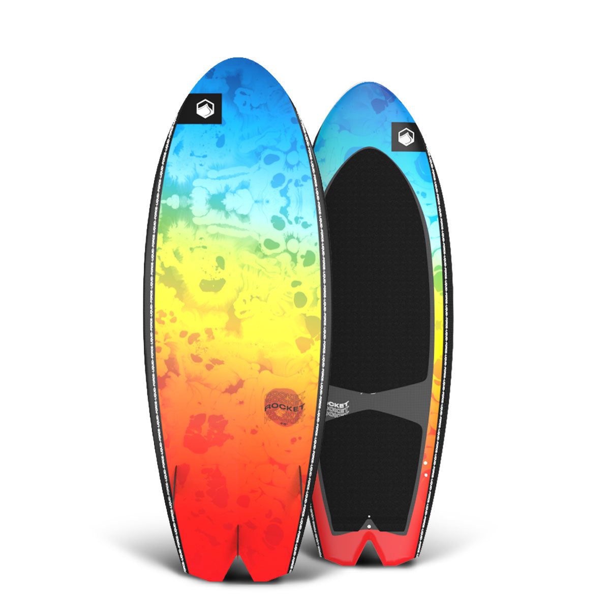 Front and Rear view of the Rocket BLEM wakesurf boards with rainbow splatter design and black decks.