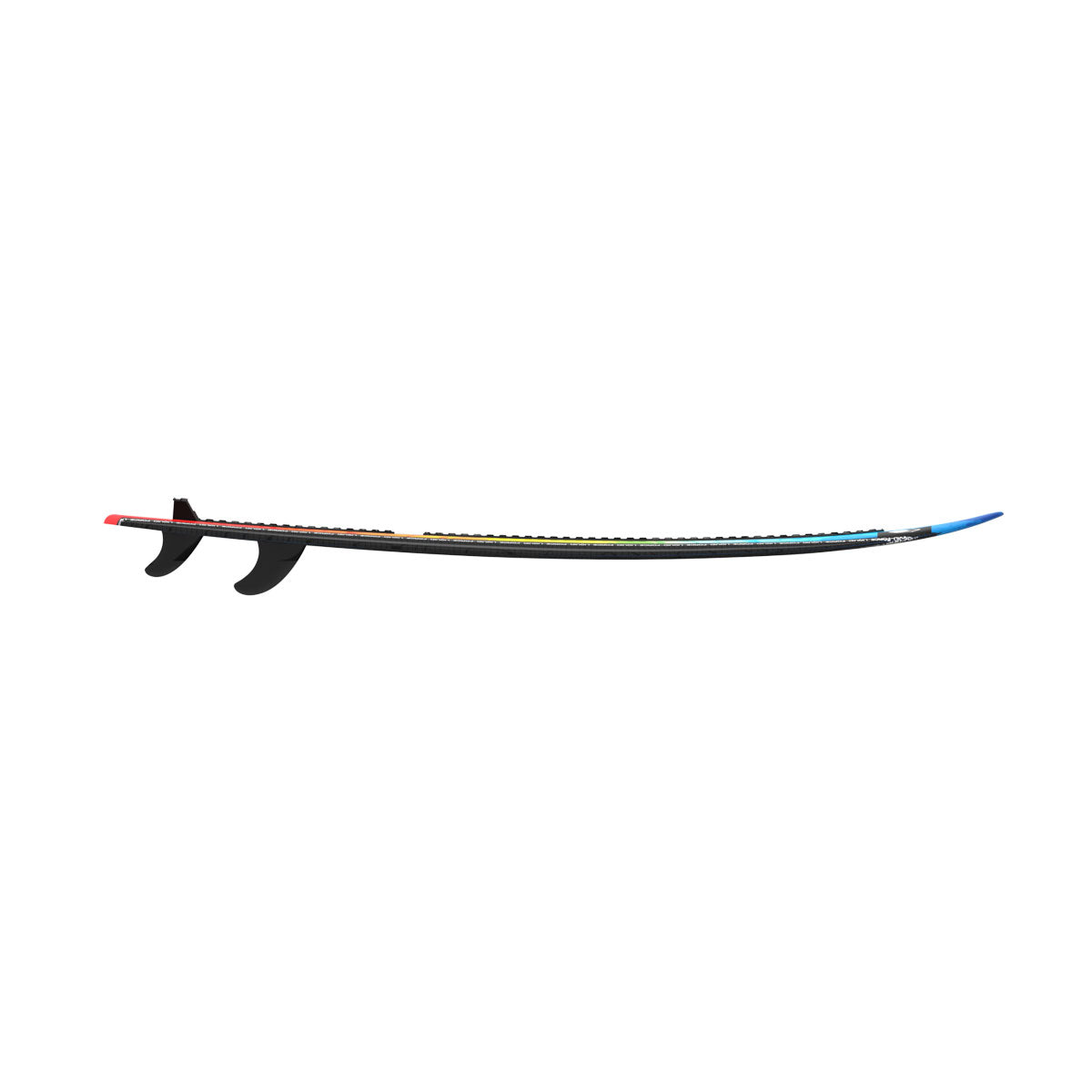 Liquid Force wakesurf board with dual fins and a red-to-blue gradient design.