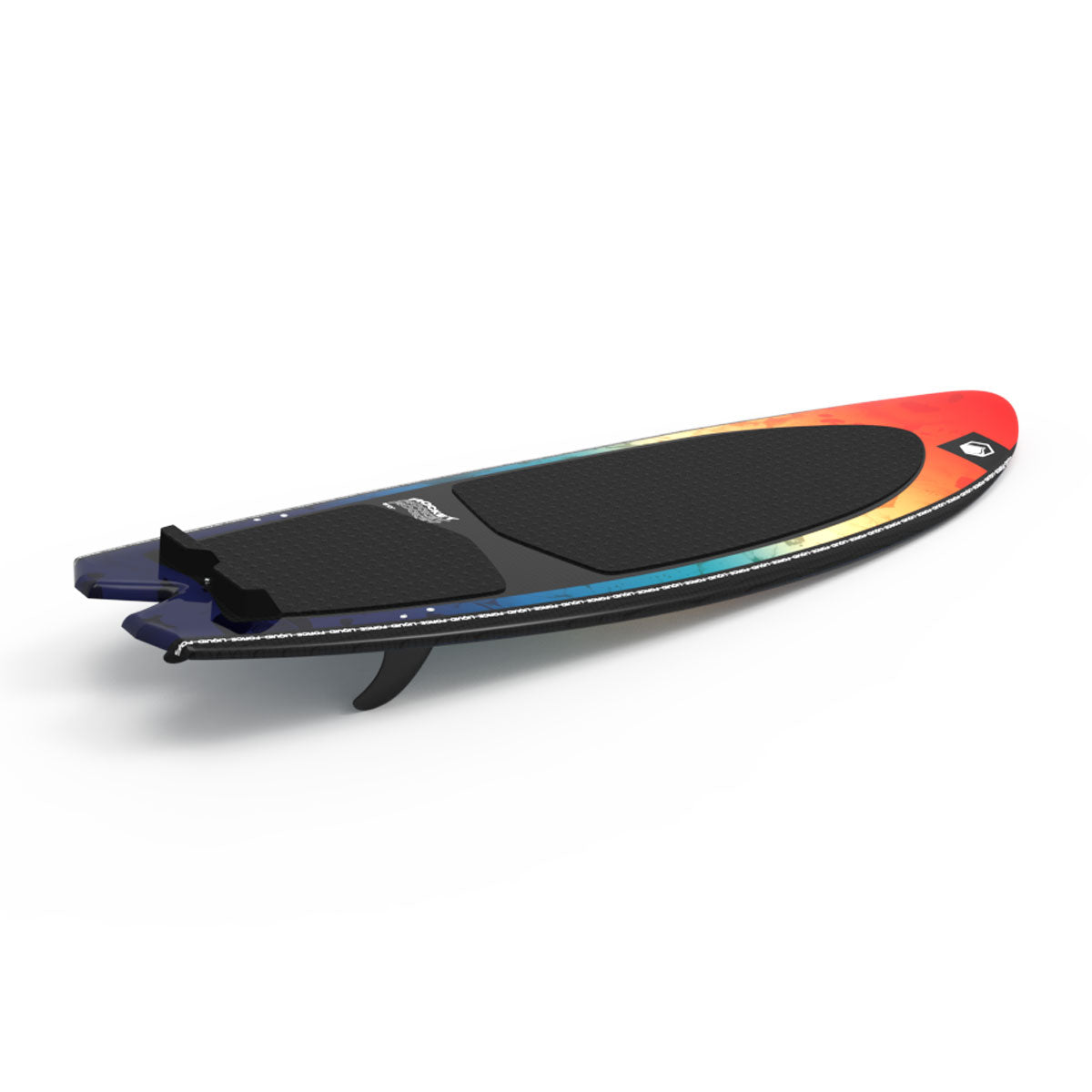 Liquid Force wakesurfboard with a rainbow gradient on a white background.