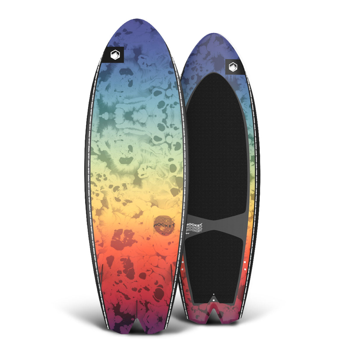 Front and rear view of the Rocket BLEM wakesurf board with black traction pads.