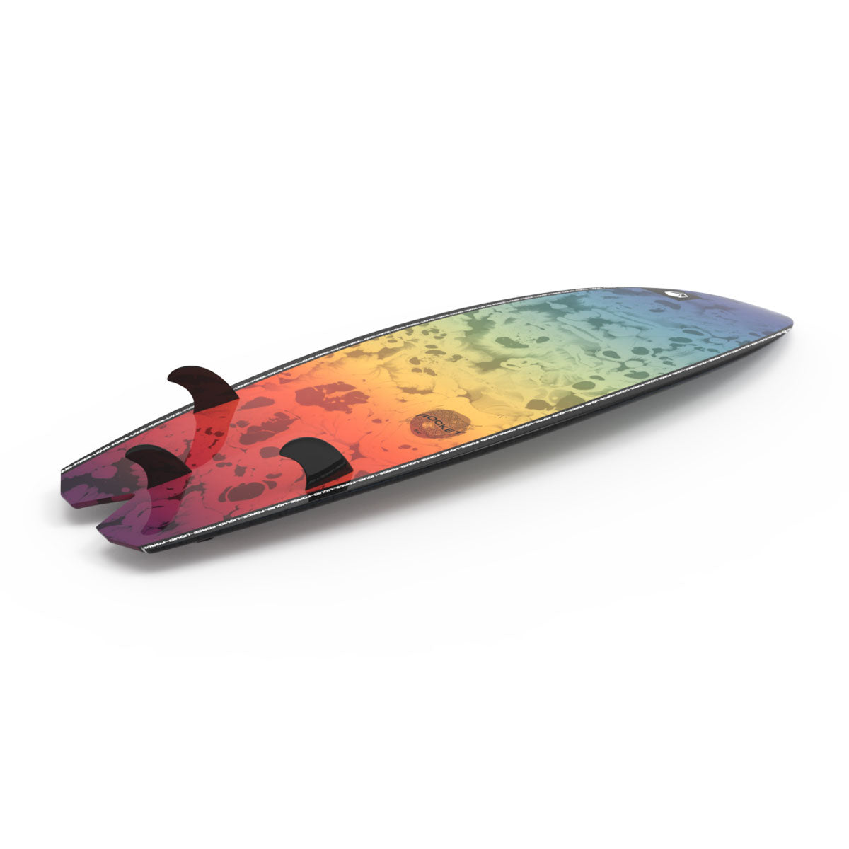 Wakesurf board with rainbow gradient, black fins on a white background.