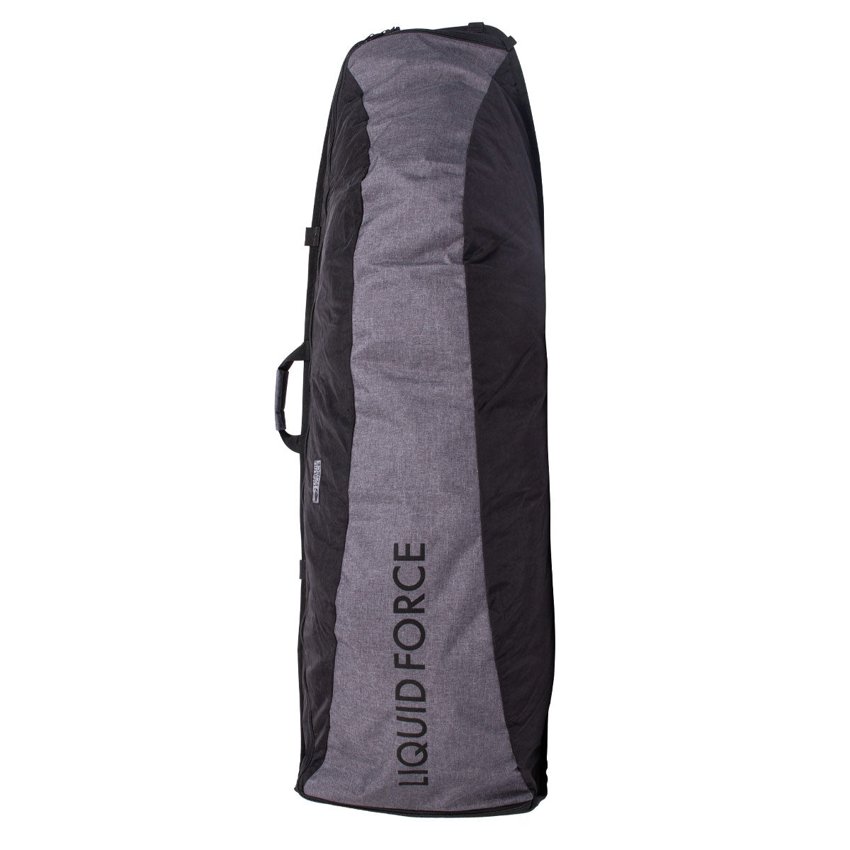 Gray and black Roll-Up Wheeled Board Bag standing upright, against a white background.