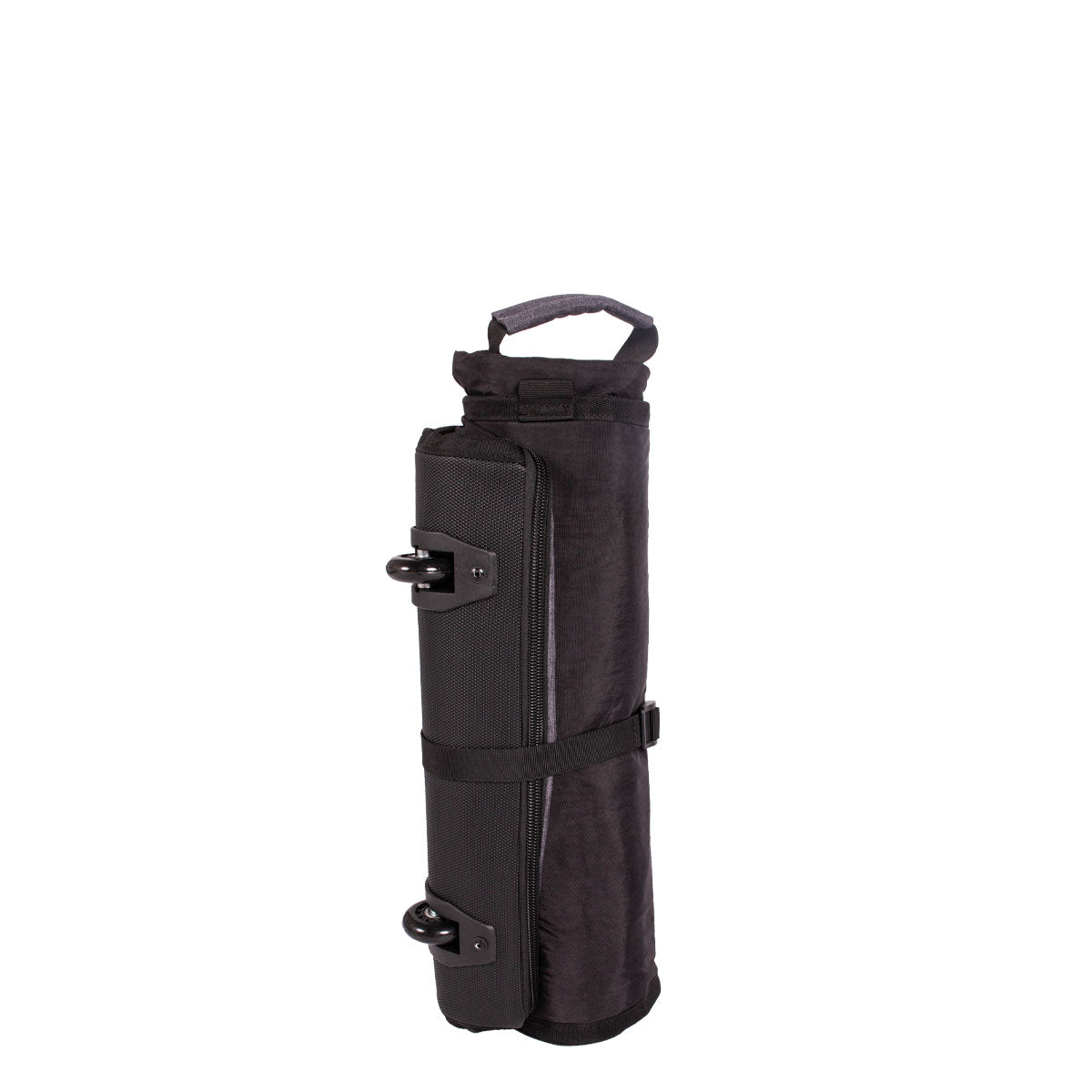 Gray and black Roll-Up Wheeled Board Bag standing upright, against a white background.