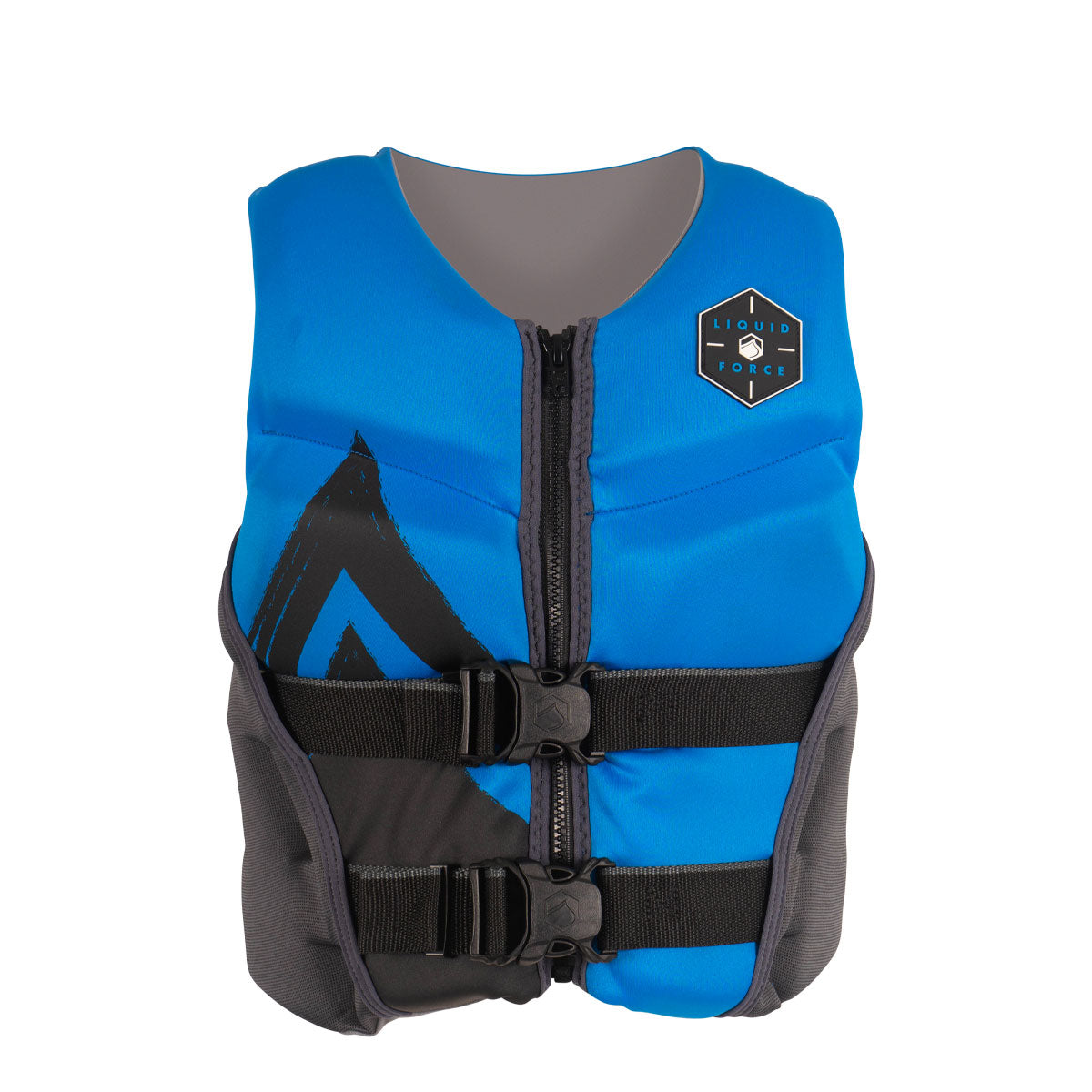 Front view of Ruckus Youth CGA life jacket in blue/black, front zipper, buckle straps.