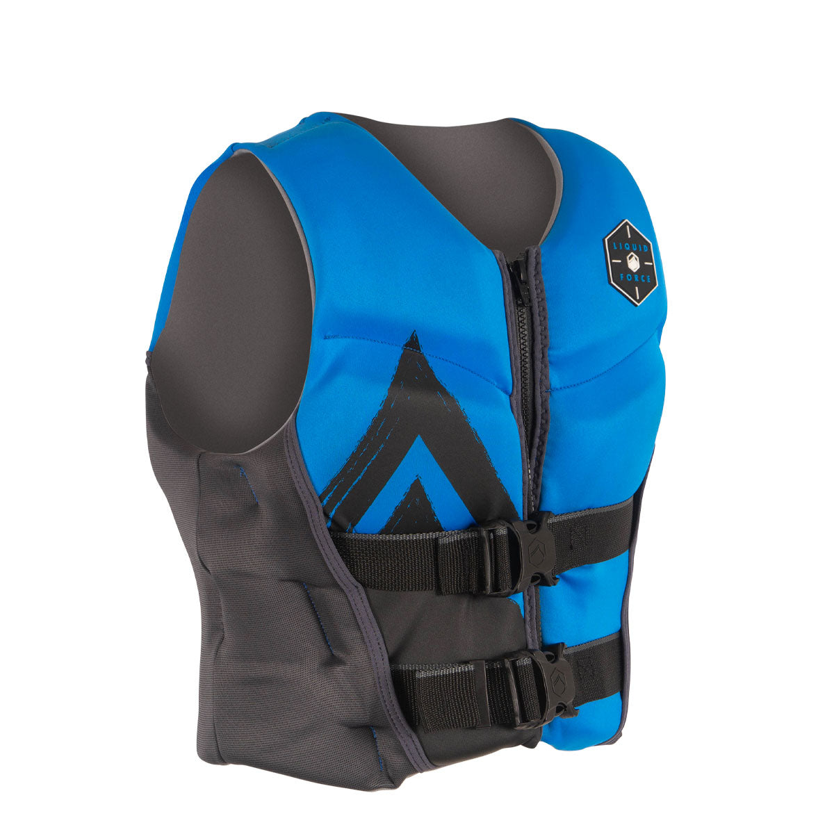 Front angled view of Ruckus Youth CGA life jacket, blue and black, with two front buckles.