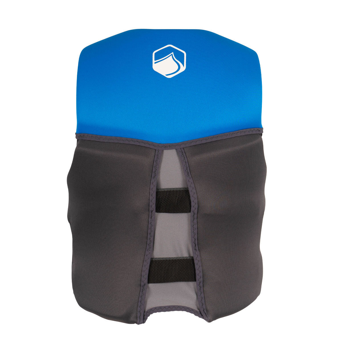 Rear view of Ruckus Youth CGA blue/gray Life Jacket with logo and straps.
