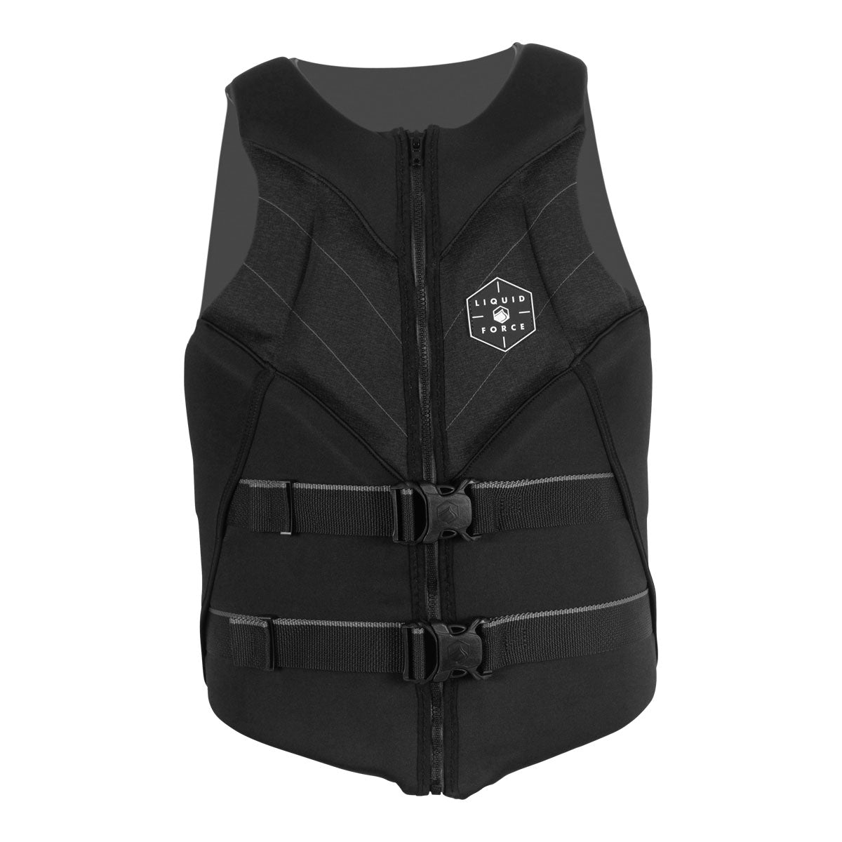 Front view of Rush CGA Life Jacket, black with buckles and front zipper.
