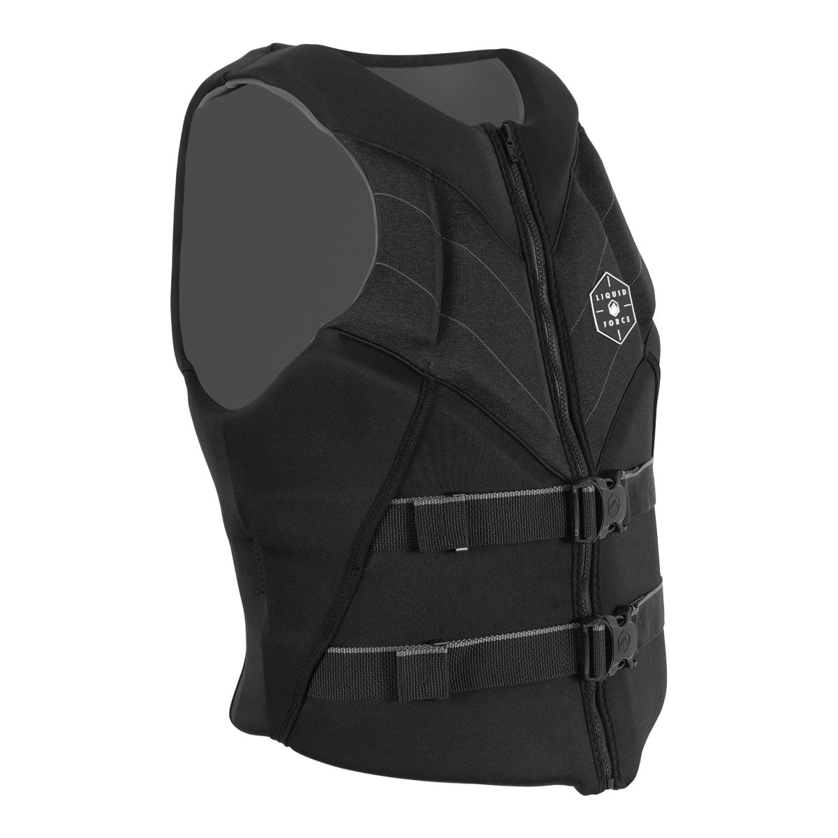 Front angled view of Rush CGA sleeveless top: buckle straps, front zipper, CGA life jacket features.