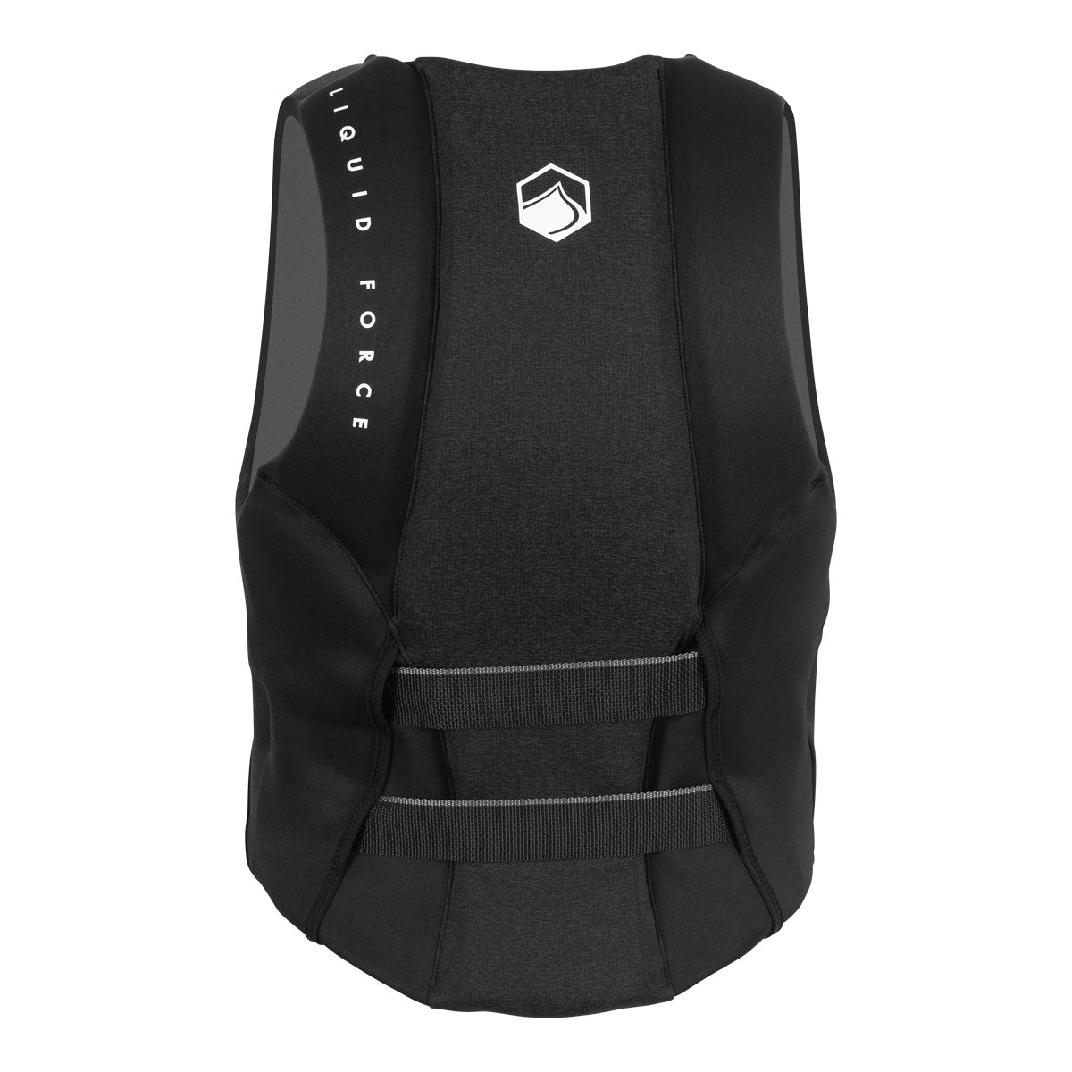 Rear view of Rush CGA: Black life jacket with logo and two gray horizontal straps on the back.