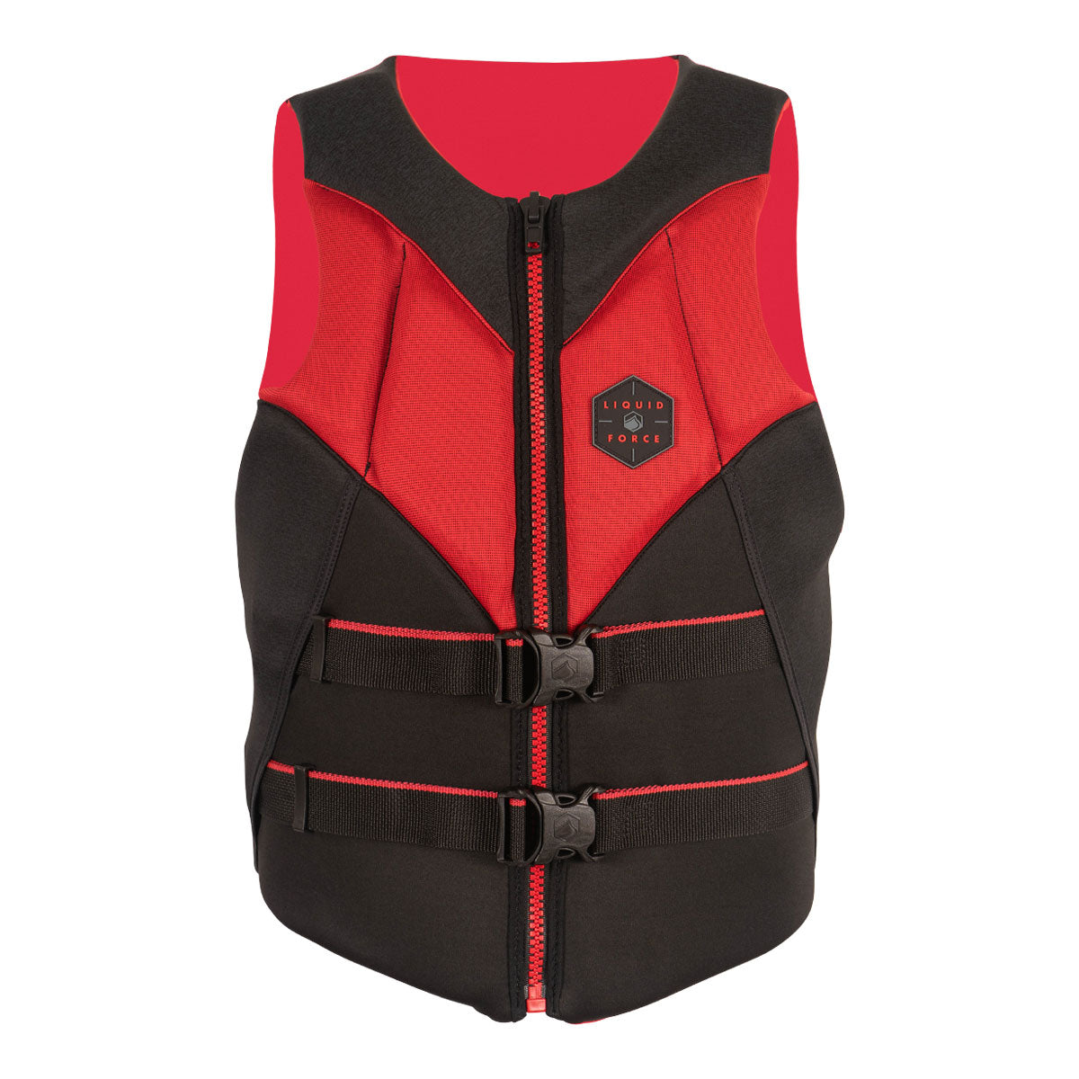 Front view of Rush CGA, red &amp; black life jacket with front zipper and dual buckle straps.