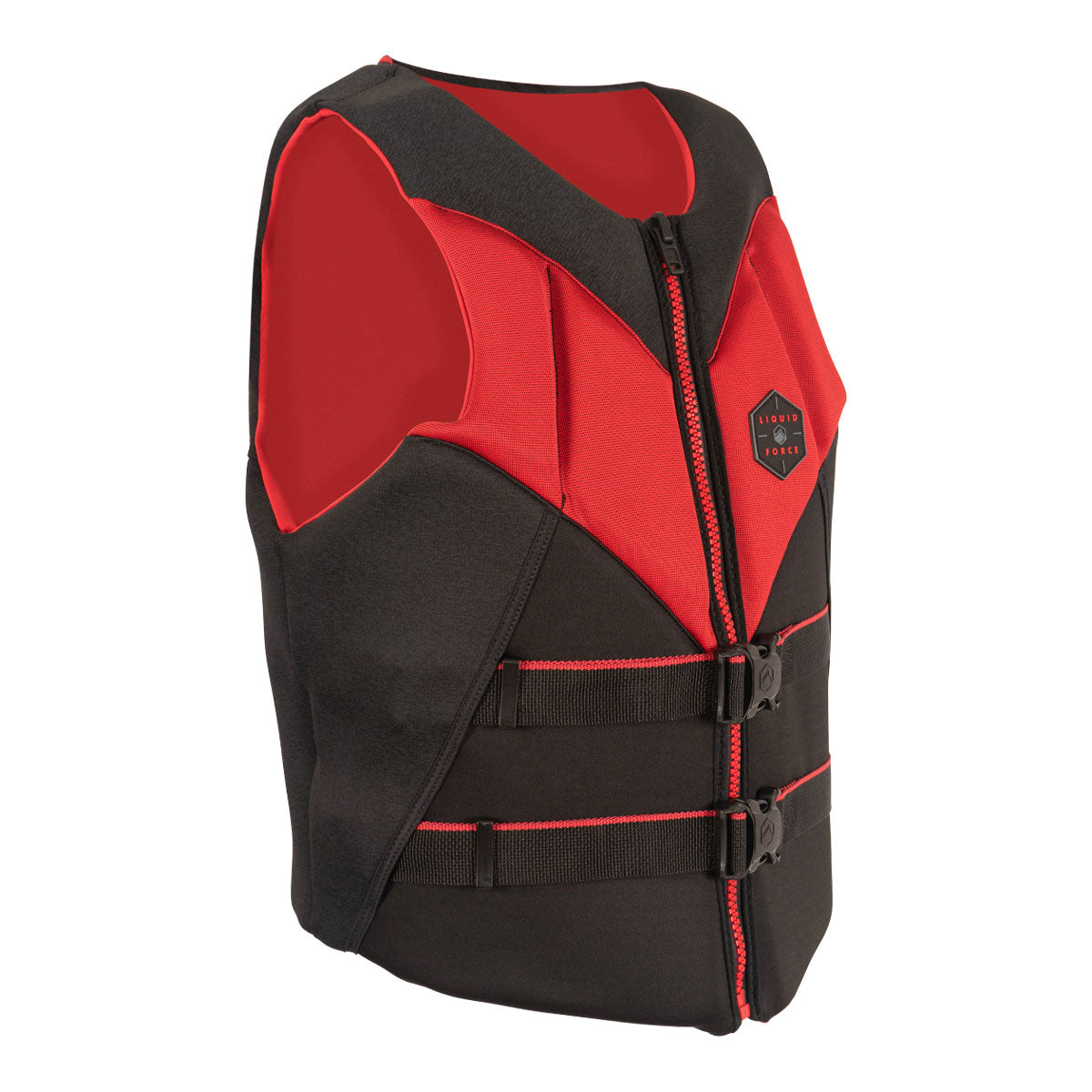 Front angled view of Rush CGA life jacket in red and black with dual buckle design and front zipper.