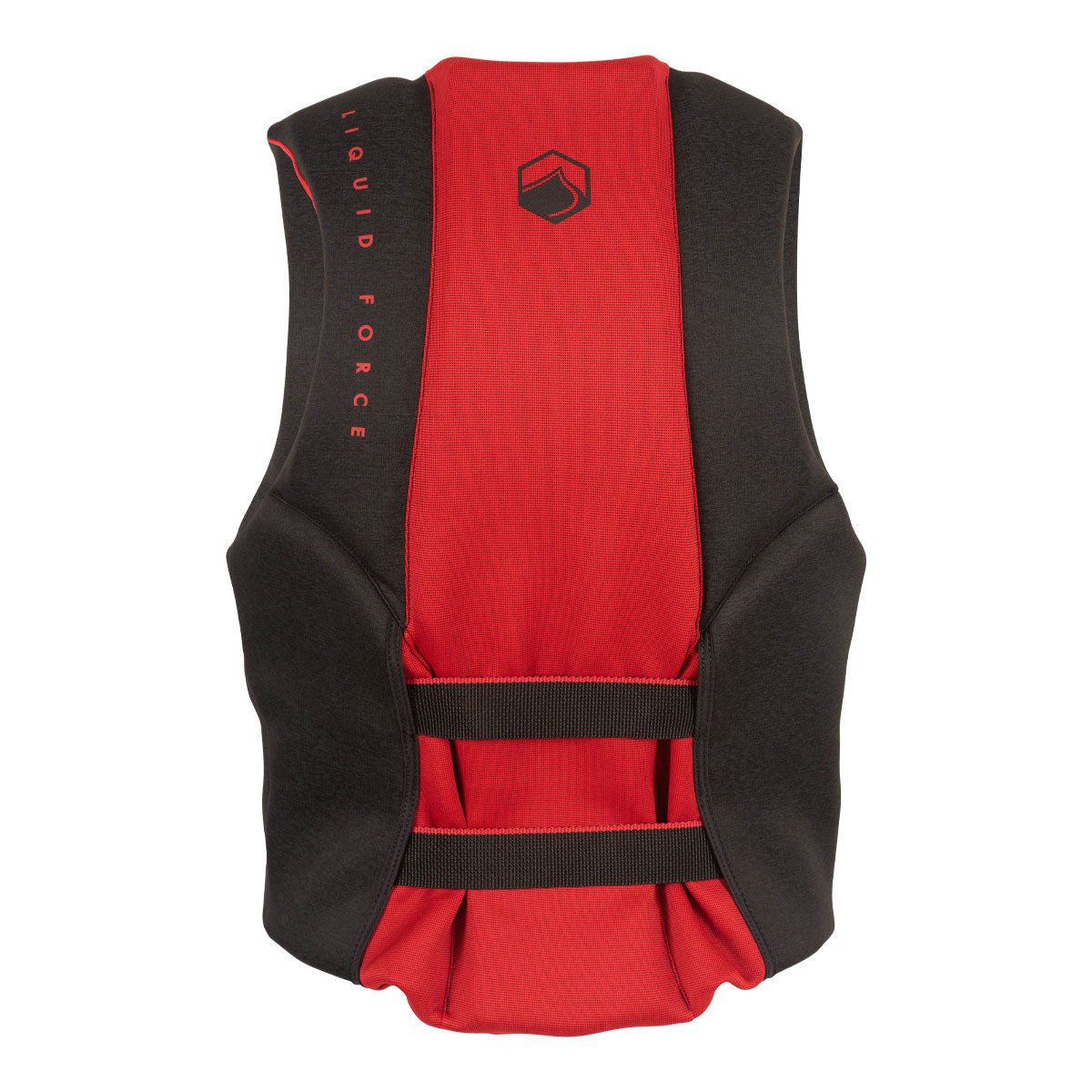 Rear view of Rush CGA life vest, red/black, logoed with two black straps.