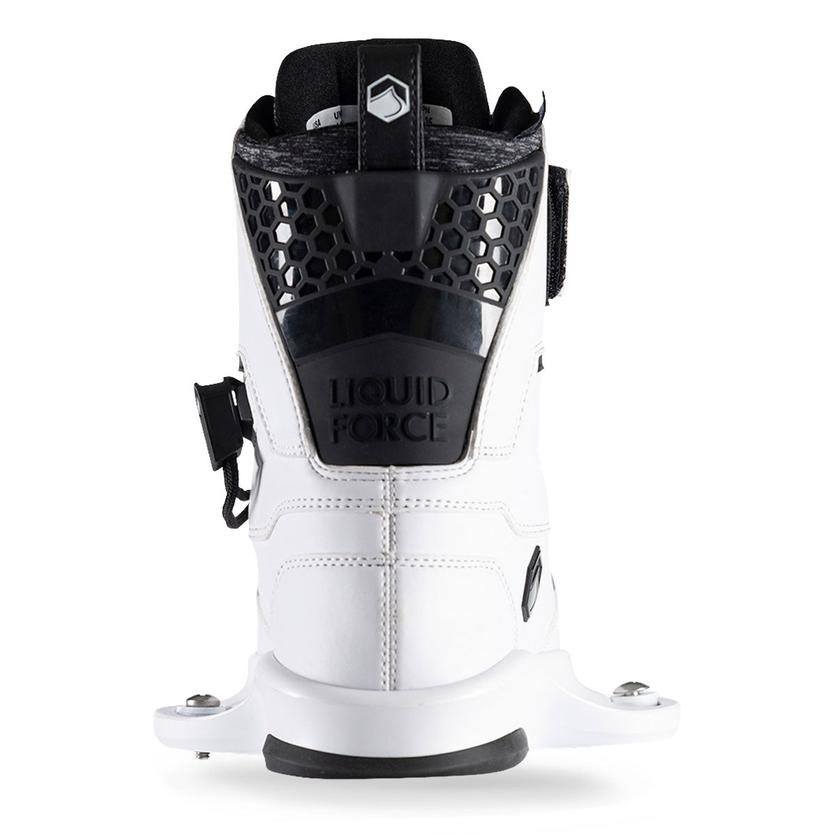 Rear view of white wakeboard boot with black accents on  heel.