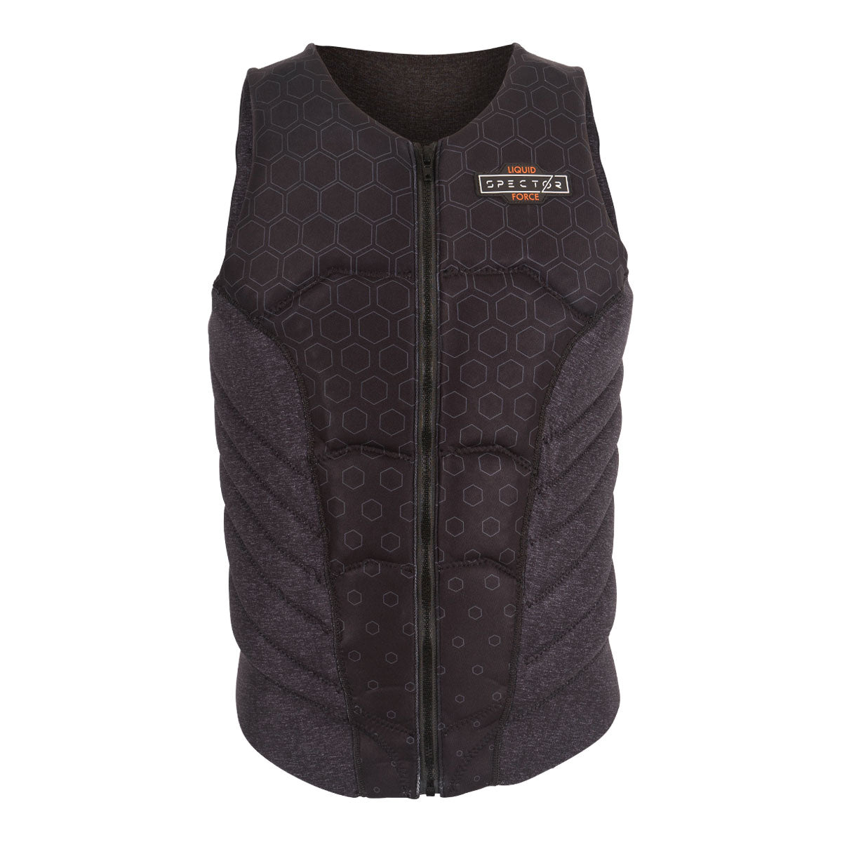 Front view of Spector Comp vest, black, hexagonal pattern, front zipper for protection.