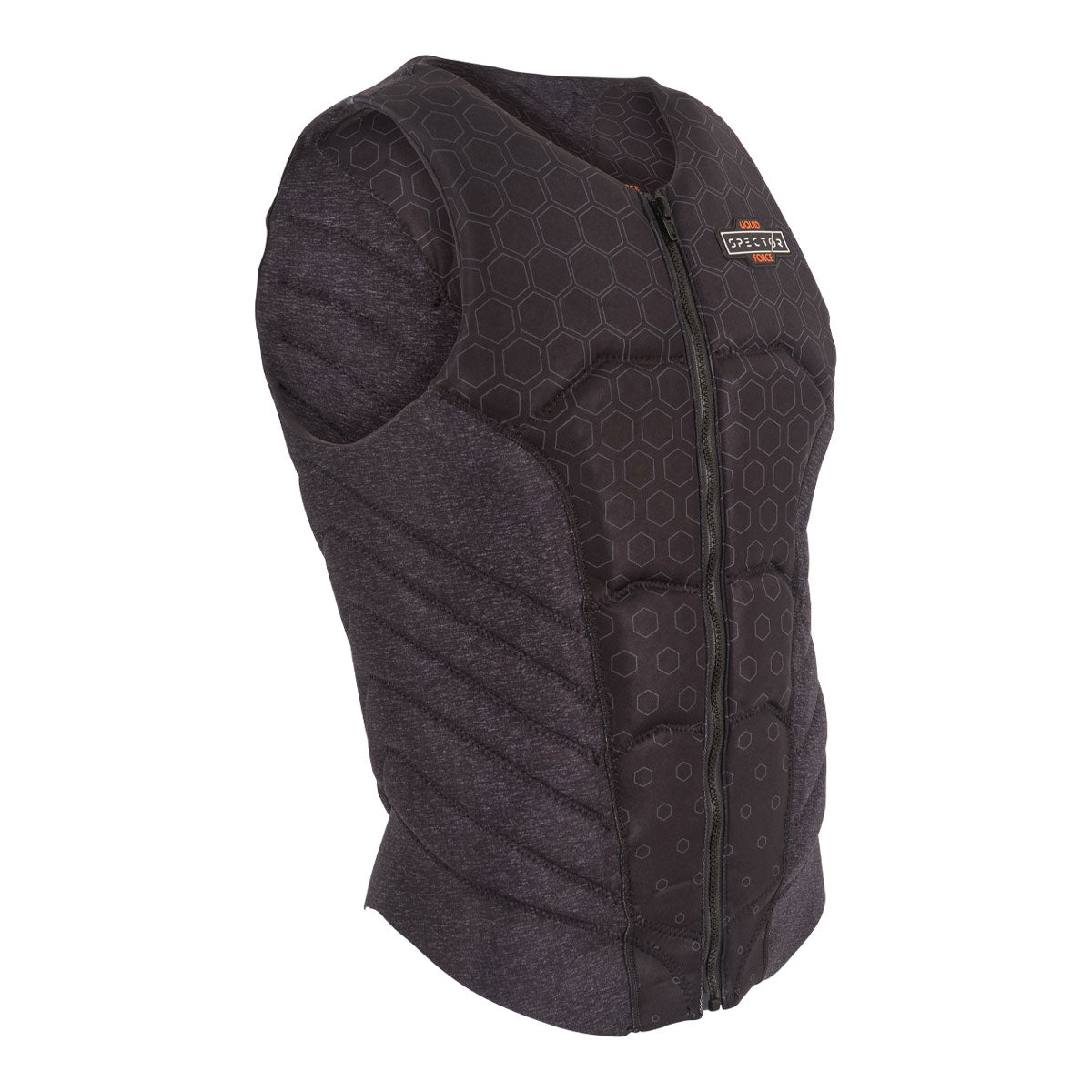 Front angled view of Spector Comp: Black vest with hexagonal pattern and front zipper.
