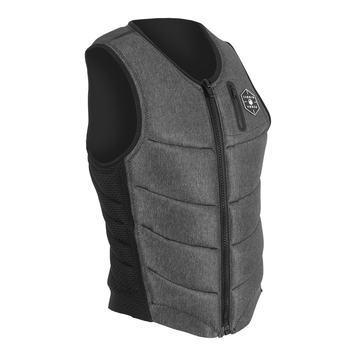 Front angled view of Squad Comp Vest has a front zipper and black mesh sides, in gray color.