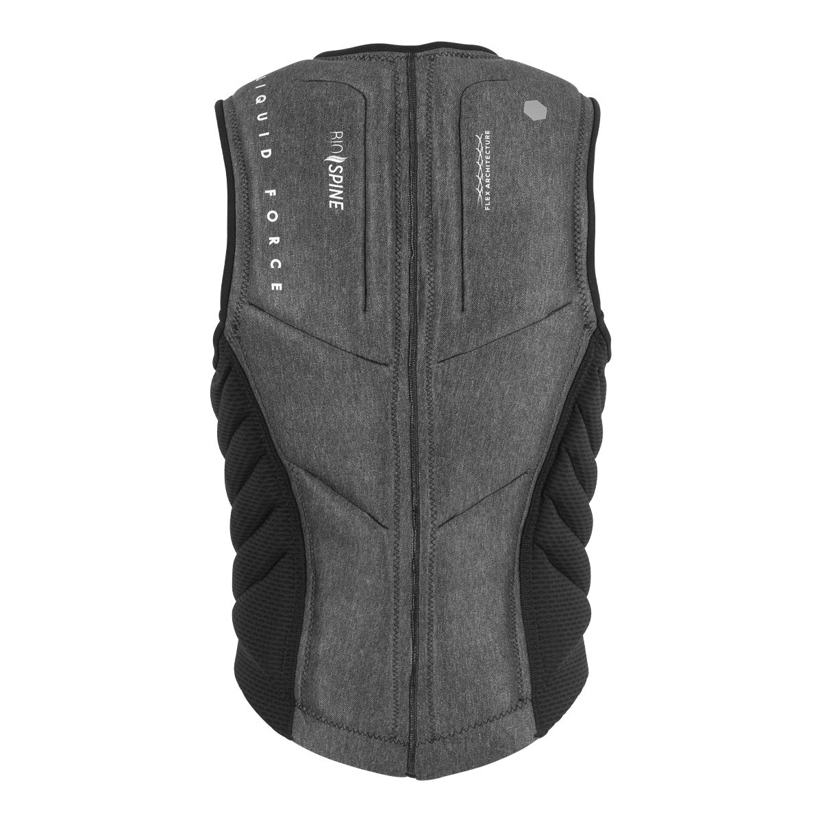 Rear view of Gray and black Squad Comp vest with Liquid Force branding and padding.
