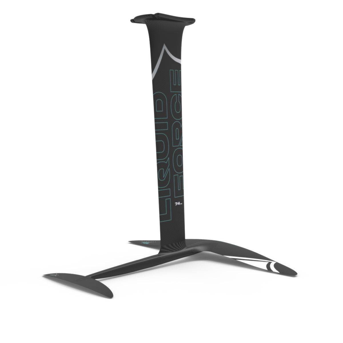 Liquid Force black Carbon Stratus 725 FuseLock hydrofoil kit with white and teal accents.