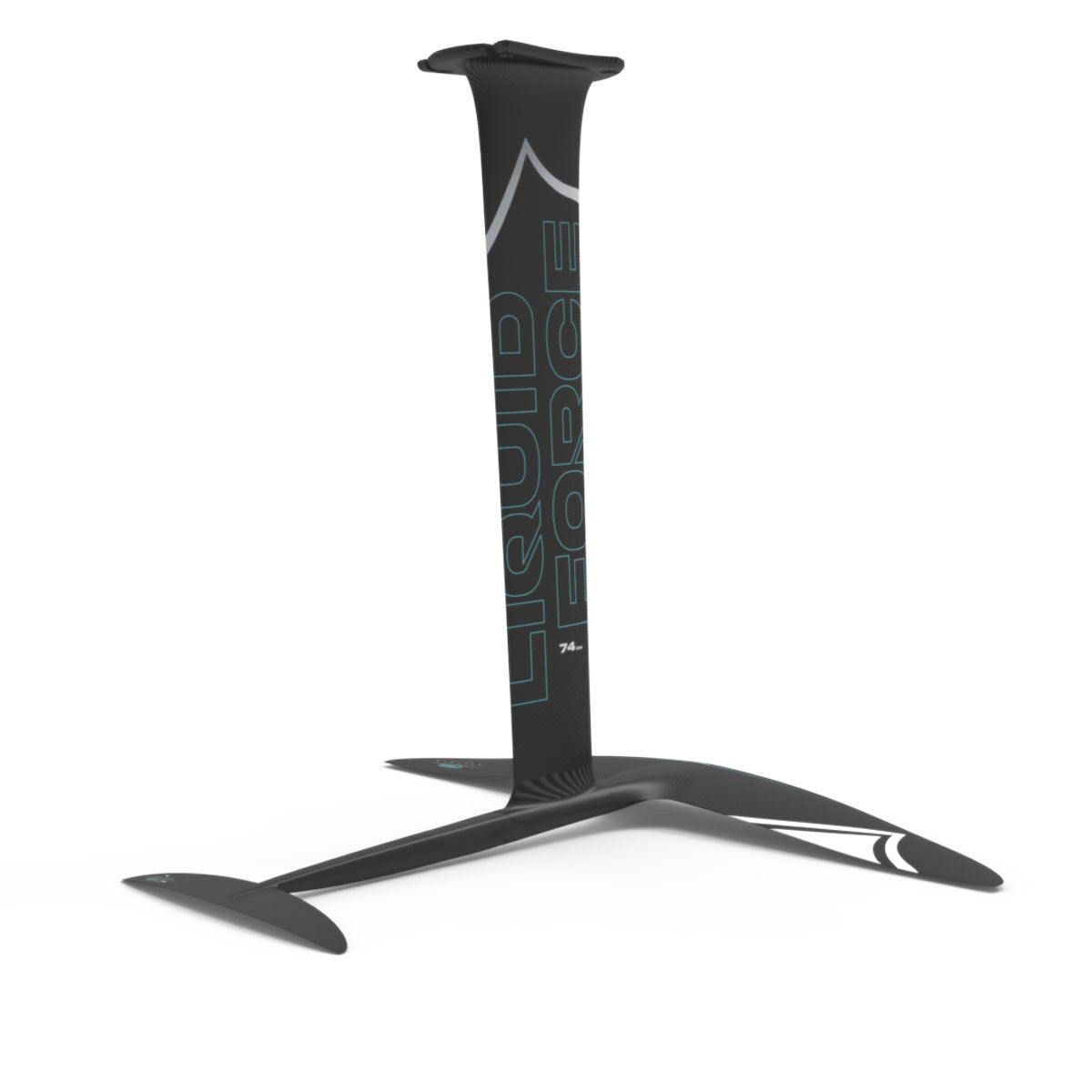 Front angle view of a black carbon fiber hydrofoil featuring a high-performance front & rear wing for foiling enthusiasts.