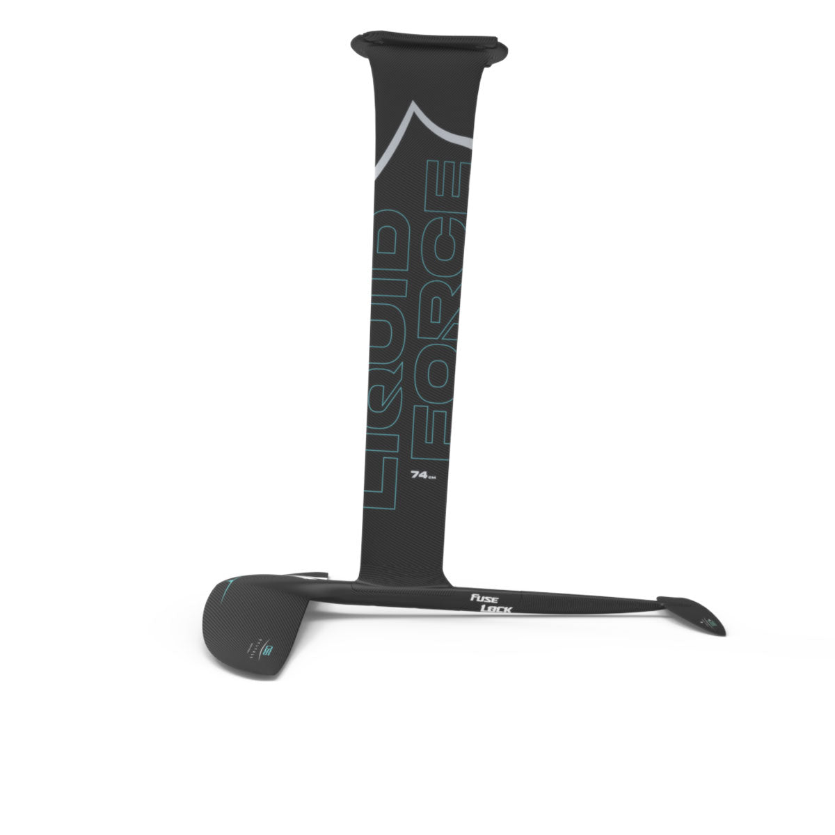 Side view of a black carbon fiber hydrofoil with LF logo on the mast, showing the front &amp; rear wings.