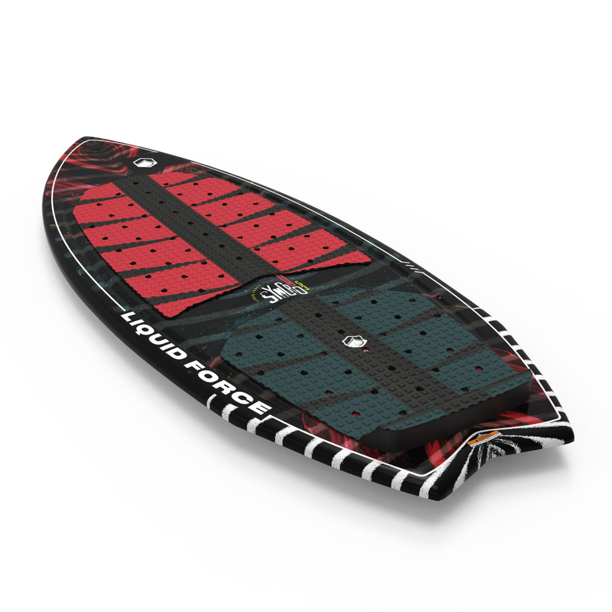 Top and bottom view of Liquid Force wakesurf board with red and black abstract designs and brand logos.