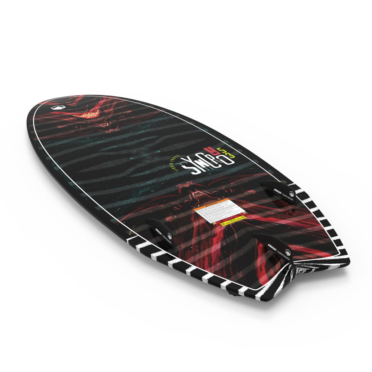 Liquid Force black &amp; red wakesurf board with striped edges and a top logo.