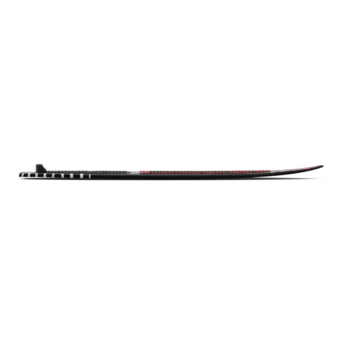 Side view of Liquid Force black wakesurfboard with fin and red accents on top.